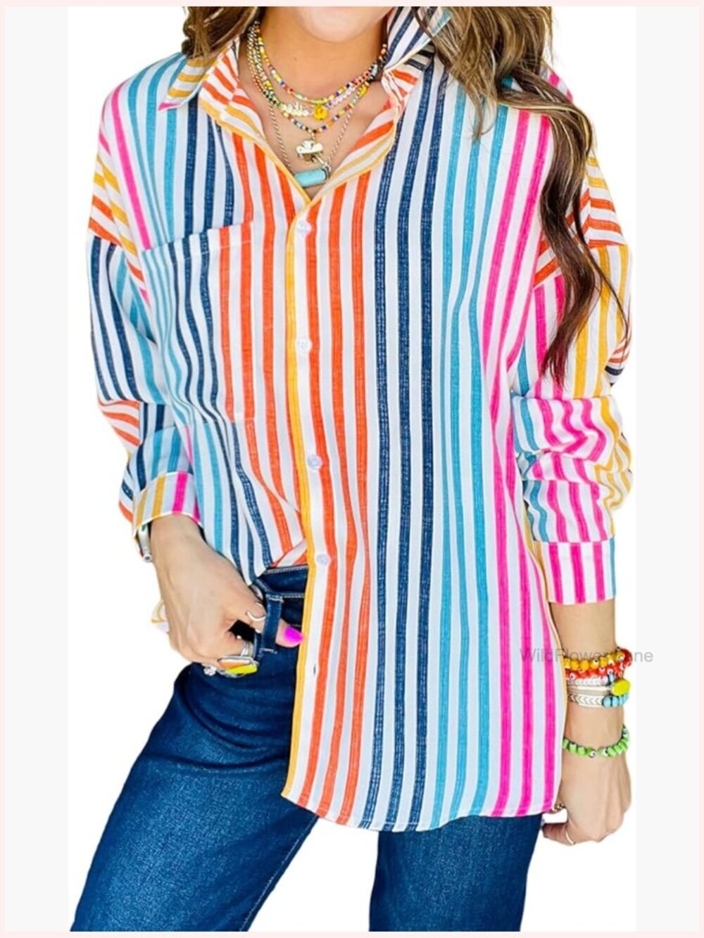 Striped Button Down Blouse Long Sleeve Loose Fit Shirt with Pocket